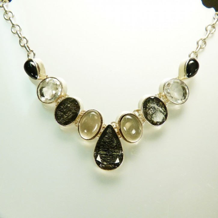 Silber-Collier mit Rutilquarz und Bergkristall