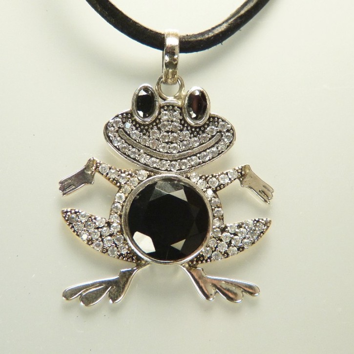 Silberanhänger "Frosch" mit Weißtopasen und Onix