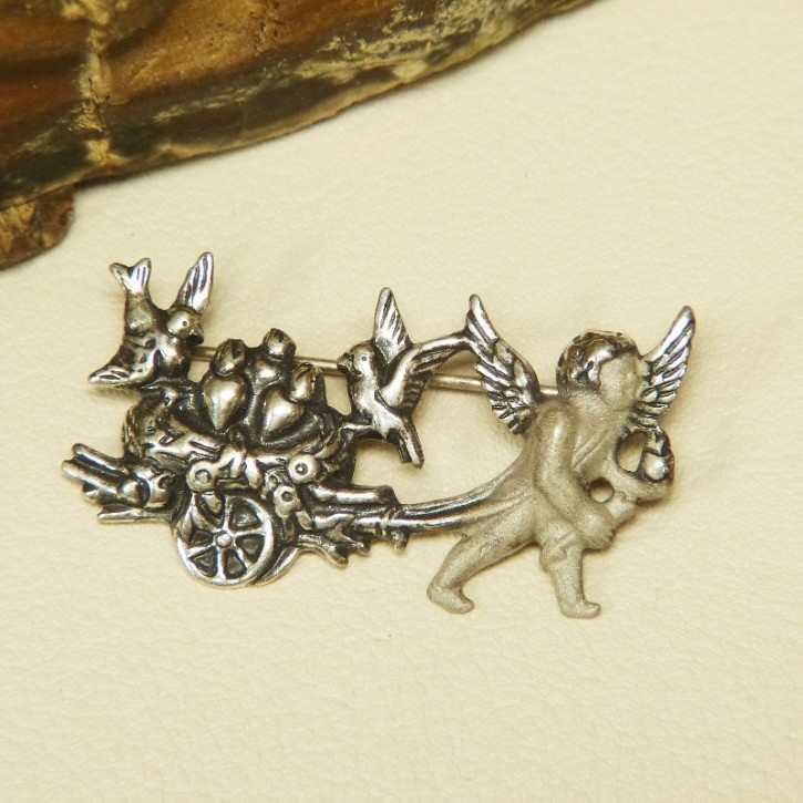 Silberbrosche 925/- "Engel mit Vogelwagen"