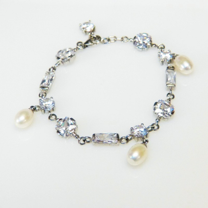 Bettelarmband aus Silber 925/- mit Zirkonia und Perlen