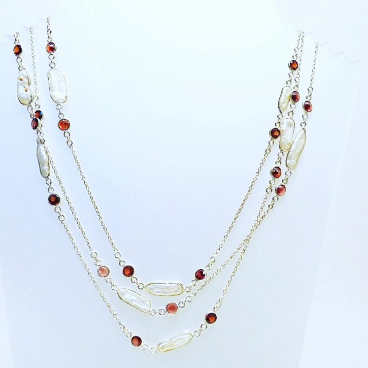 lange Silberkette 140 cm mit Granat und SWP