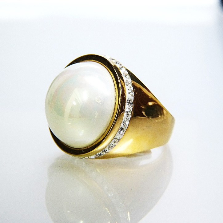 Edelstahlring vergoldet mit "Perle"