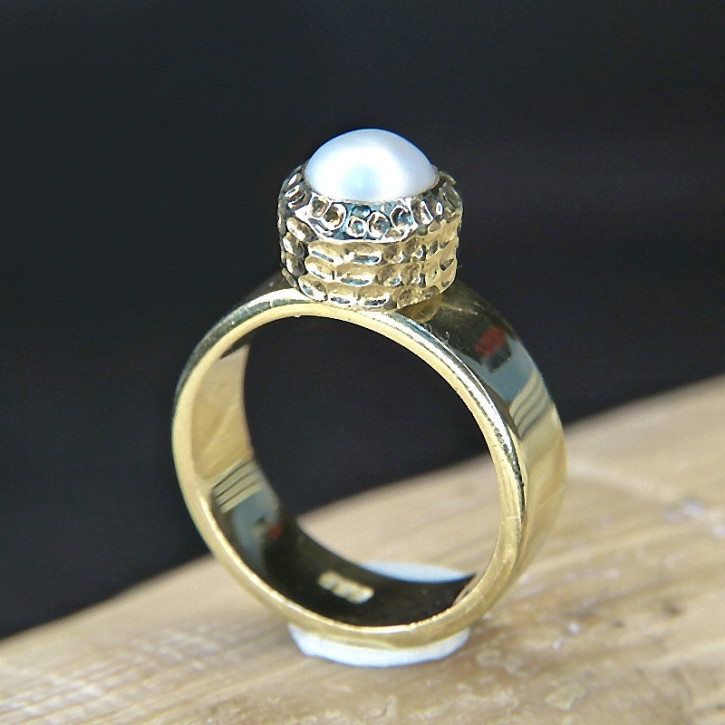 Silberring vergoldet mit Perle Größe 56 (Ø ca. 17,8 mm) / Zuchtperle weiß