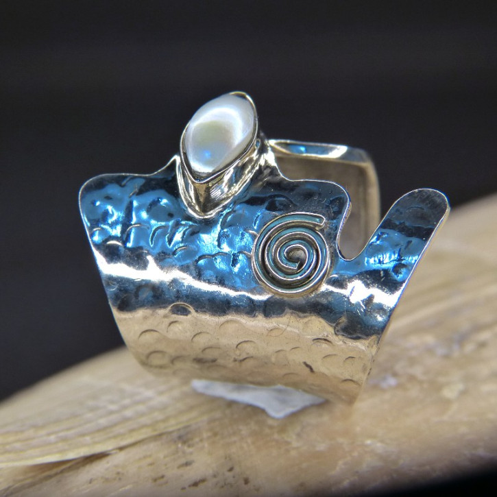 breiter Silberring mit Stein oder Perle Größe 55 (Ø ca. 17,5 mm) / Süßwasserperle