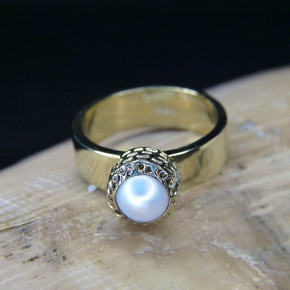 Silberring vergoldet mit Perle Größe 56 (Ø ca. 17,8 mm) / Zuchtperle weiß