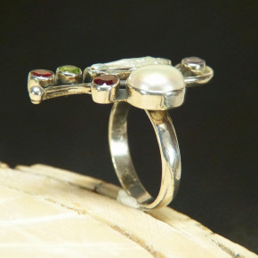 Silberring mit Perlen und echten Steinen Größe 54 (Ø ca. 17,2 mm)